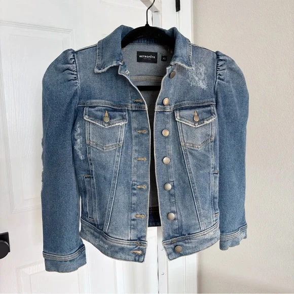 Retrofete Ada Denim Jacket in Worn Vintage Blue Size XS Puff Sleeve Distressed - Picture 2 of 8